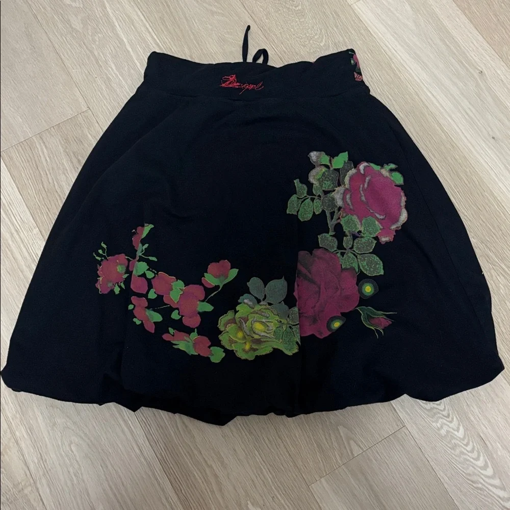DESIGUAL (M) Balloon Floral Skirt Above Knee Elastic Waist Tie Soft Black - Picture 11 of 13